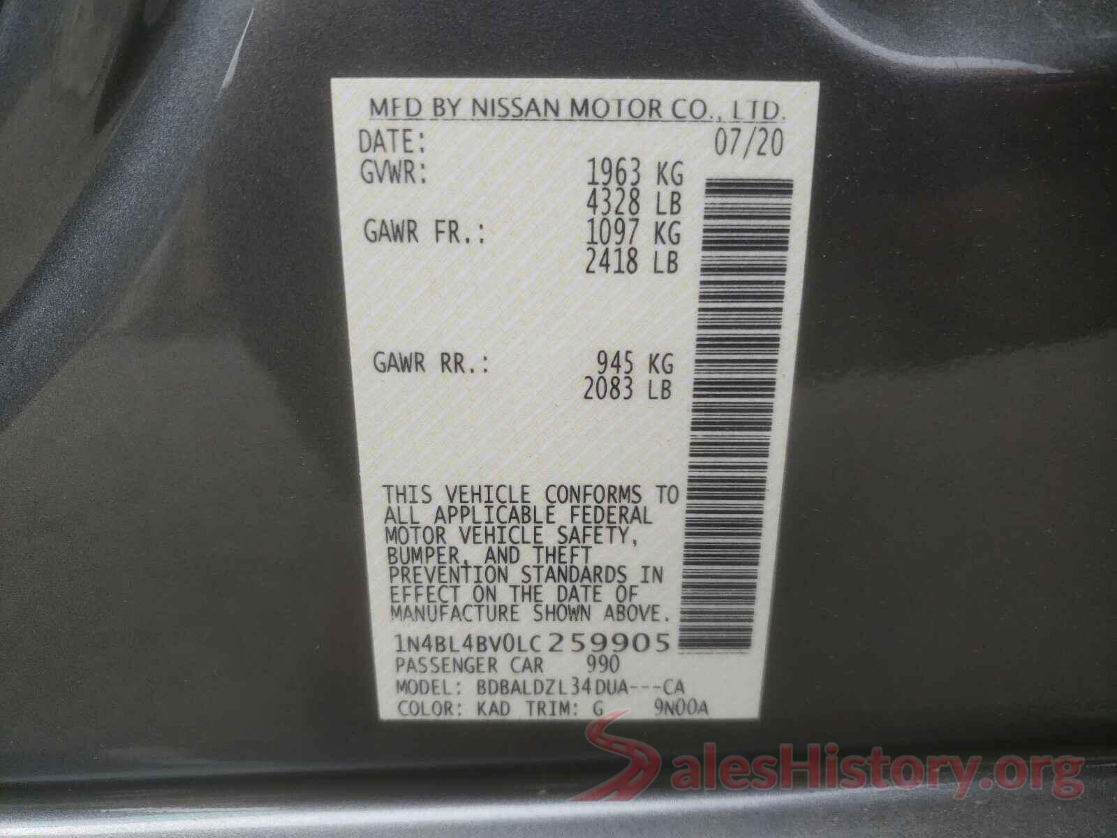 1N4BL4BV0LC259905 2020 NISSAN ALTIMA