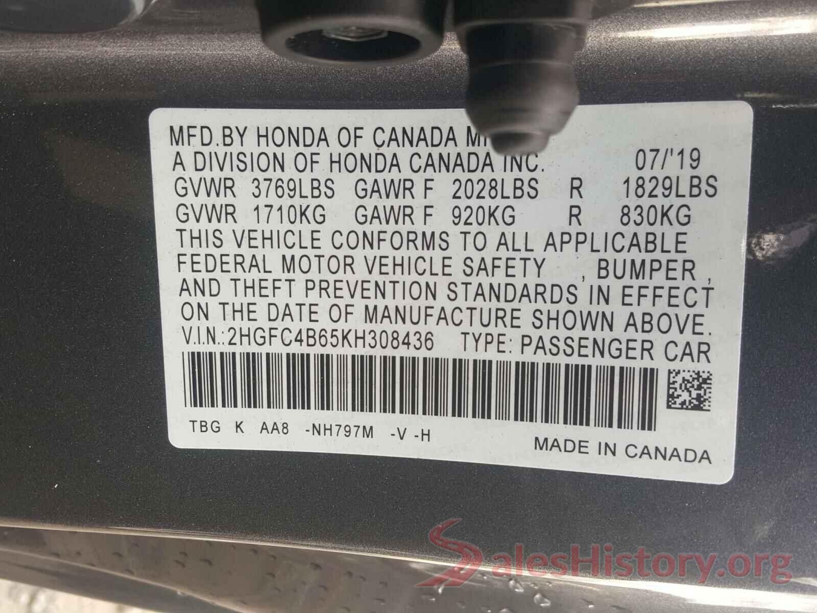 2HGFC4B65KH308436 2019 HONDA CIVIC