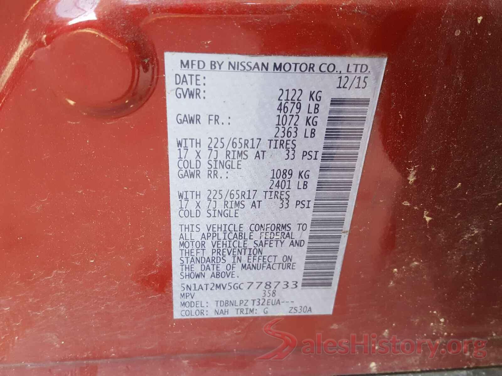 5N1AT2MV5GC778733 2016 NISSAN ROGUE