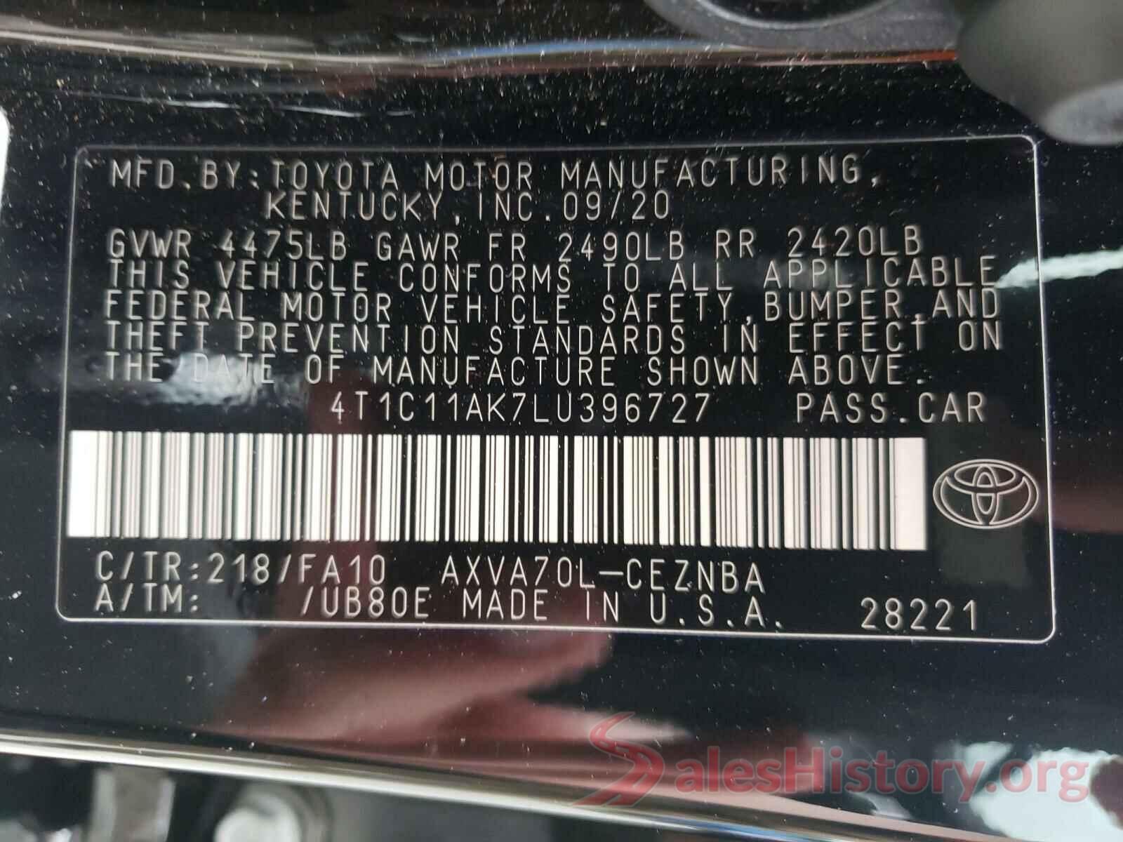 4T1C11AK7LU396727 2020 TOYOTA CAMRY