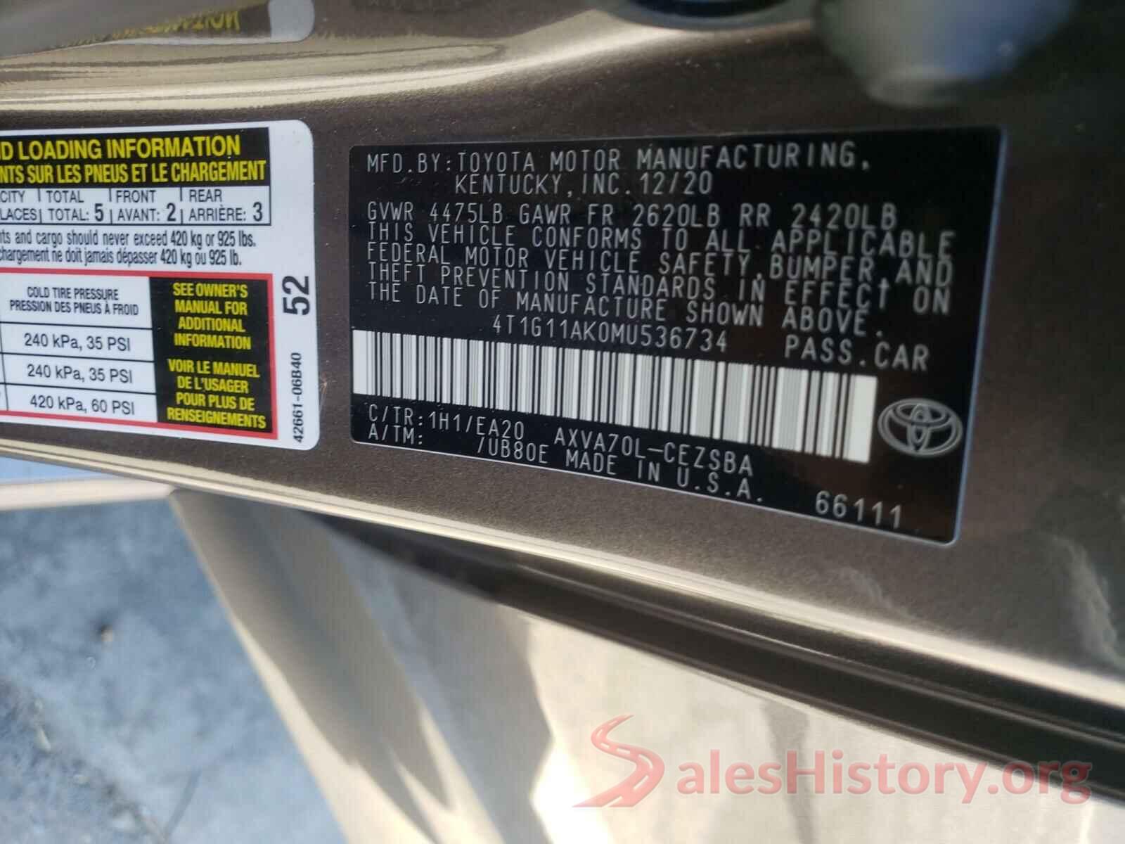 4T1G11AK0MU536734 2021 TOYOTA CAMRY