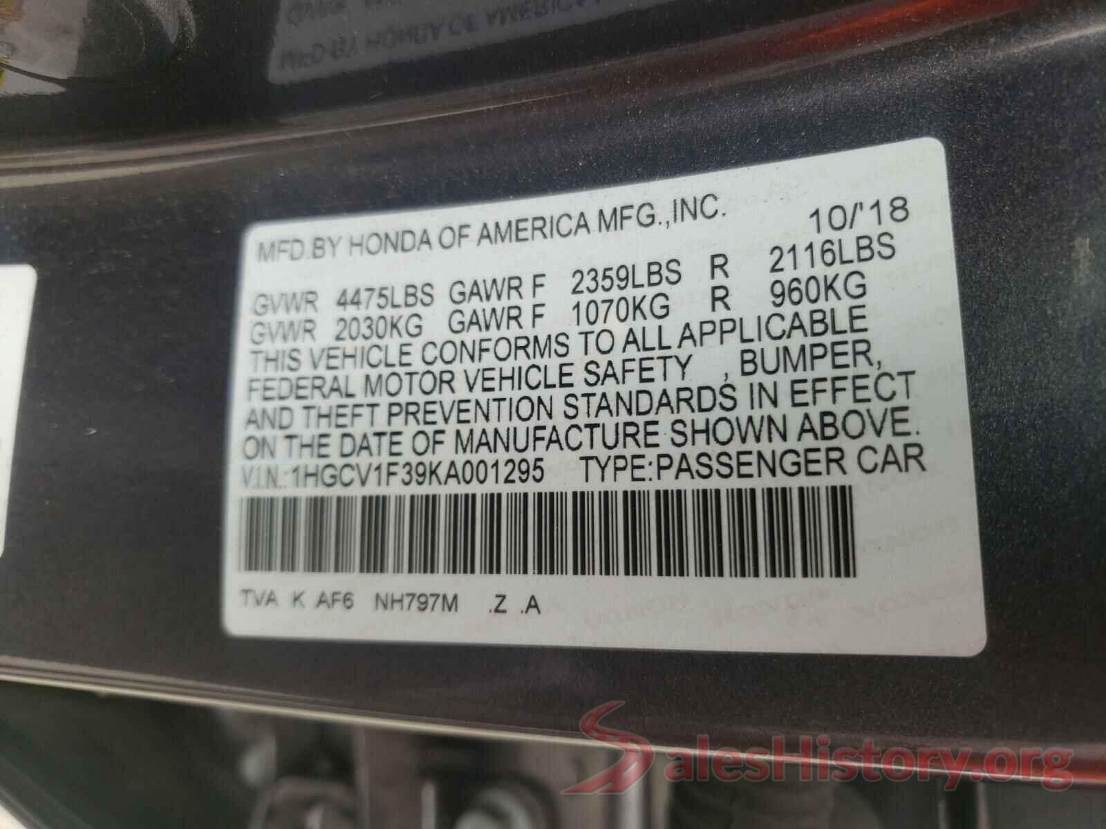 1HGCV1F39KA001295 2019 HONDA ACCORD