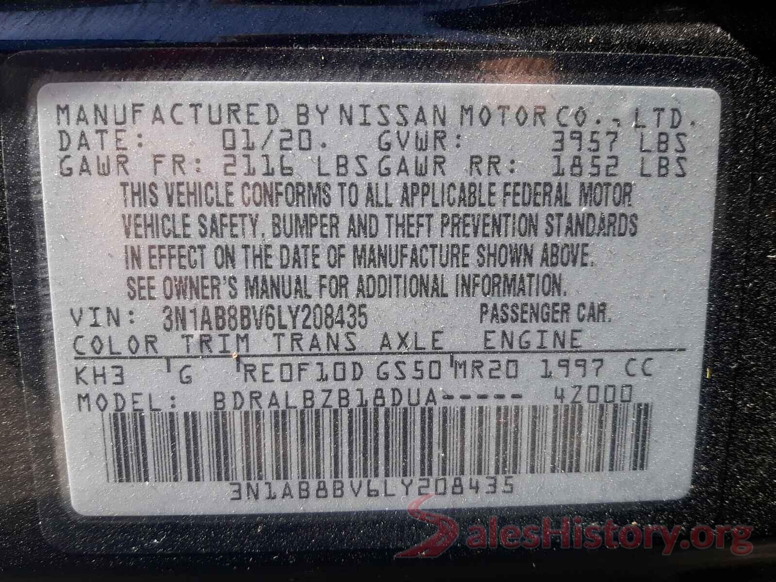 3N1AB8BV6LY208435 2020 NISSAN SENTRA