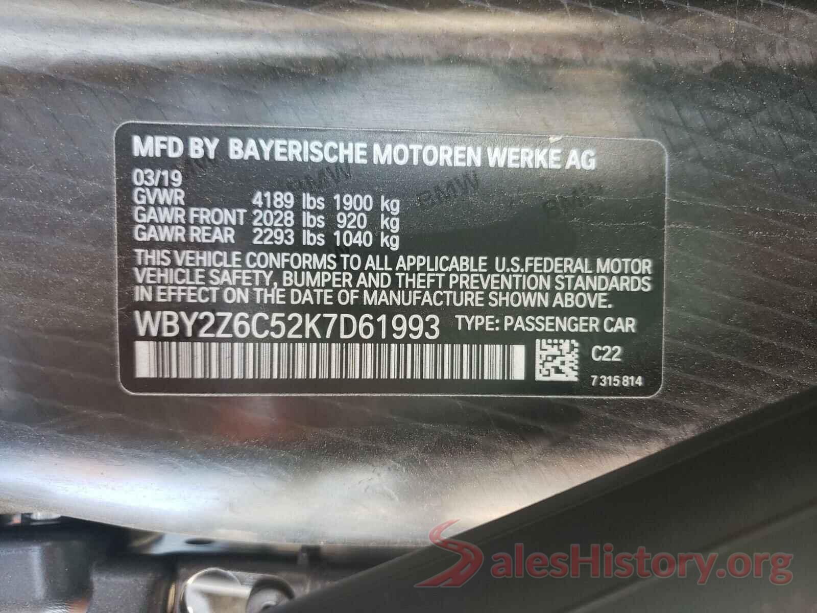 WBY2Z6C52K7D61993 2019 BMW I SERIES