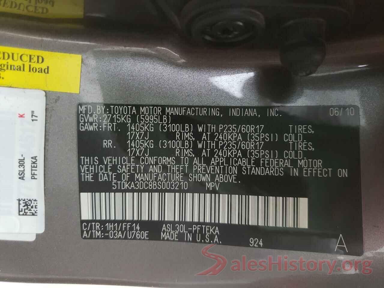 5TDKA3DC8BS003210 2011 TOYOTA SIENNA