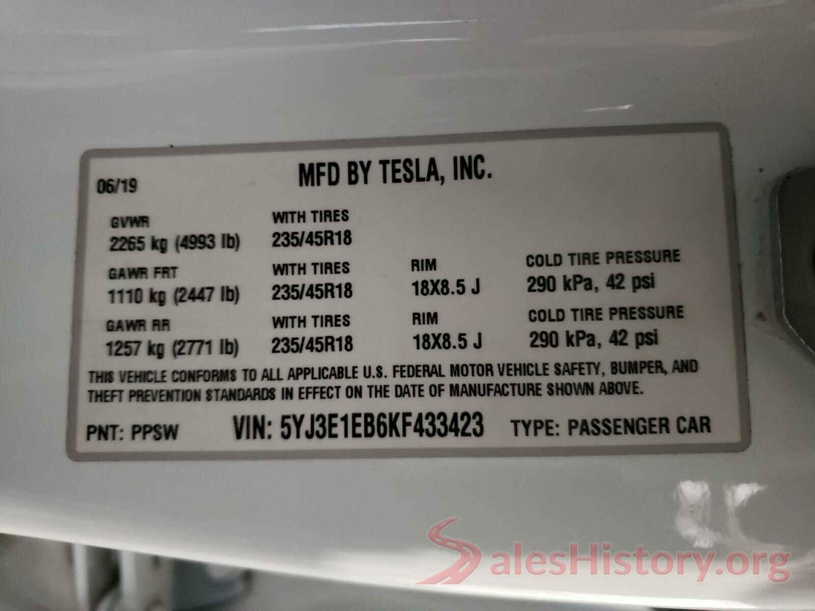 5YJ3E1EB6KF433423 2019 TESLA MODEL 3