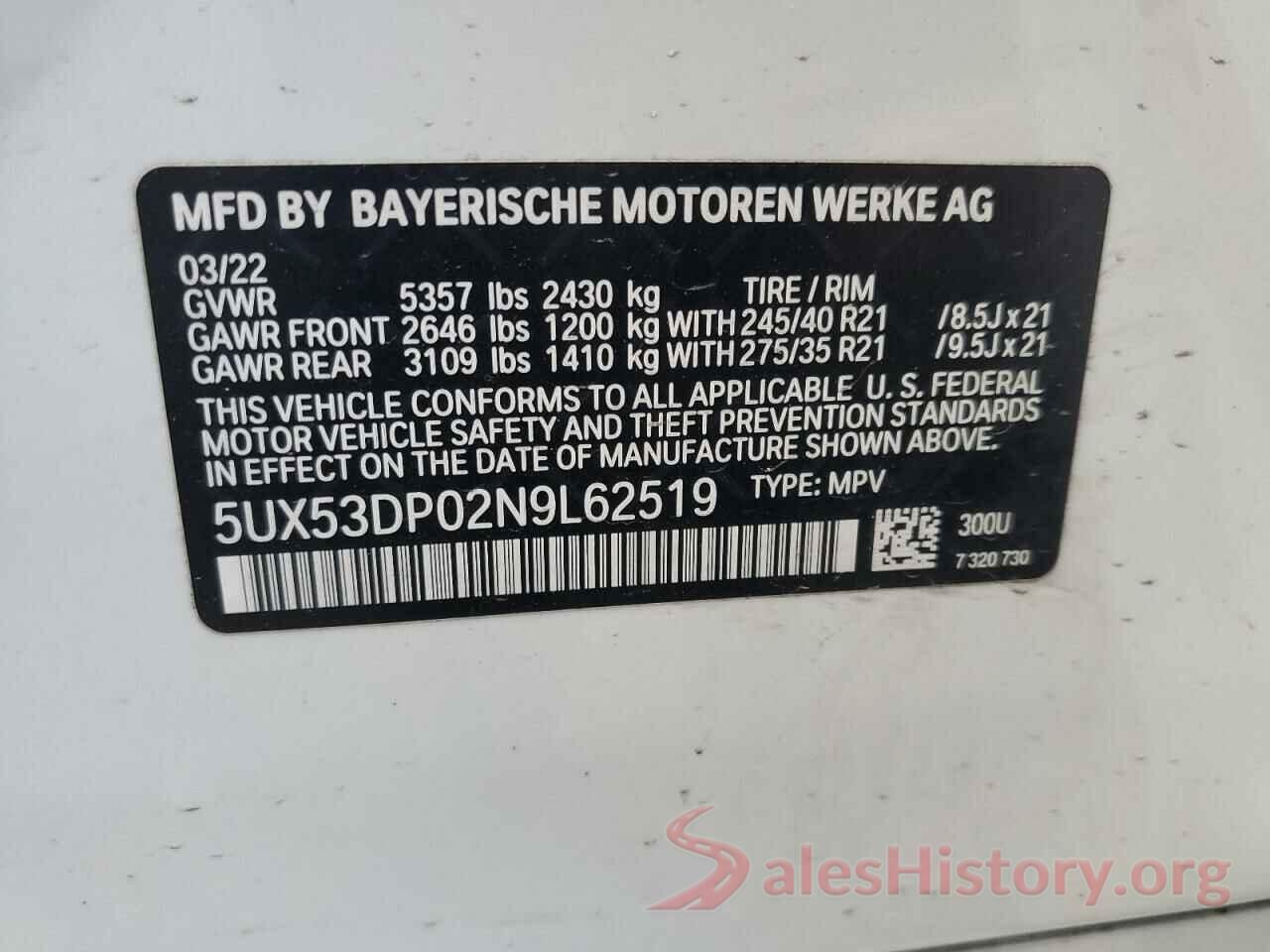 5UX53DP02N9L62519 2022 BMW X3