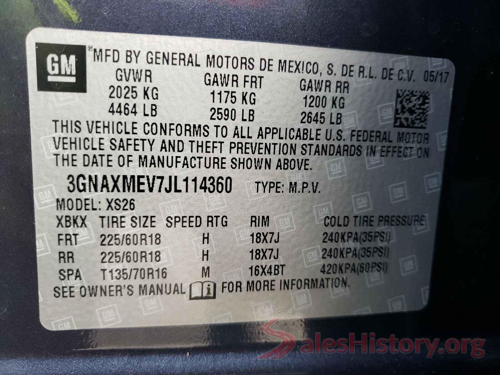 3GNAXMEV7JL114360 2018 CHEVROLET EQUINOX