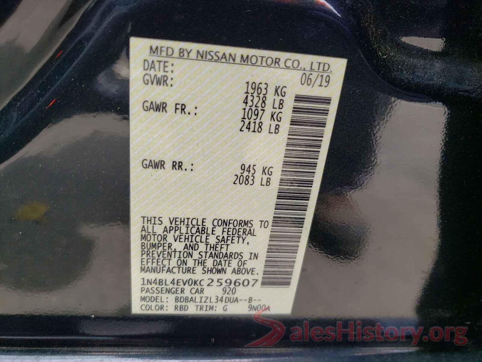 1N4BL4EV0KC259607 2019 NISSAN ALTIMA