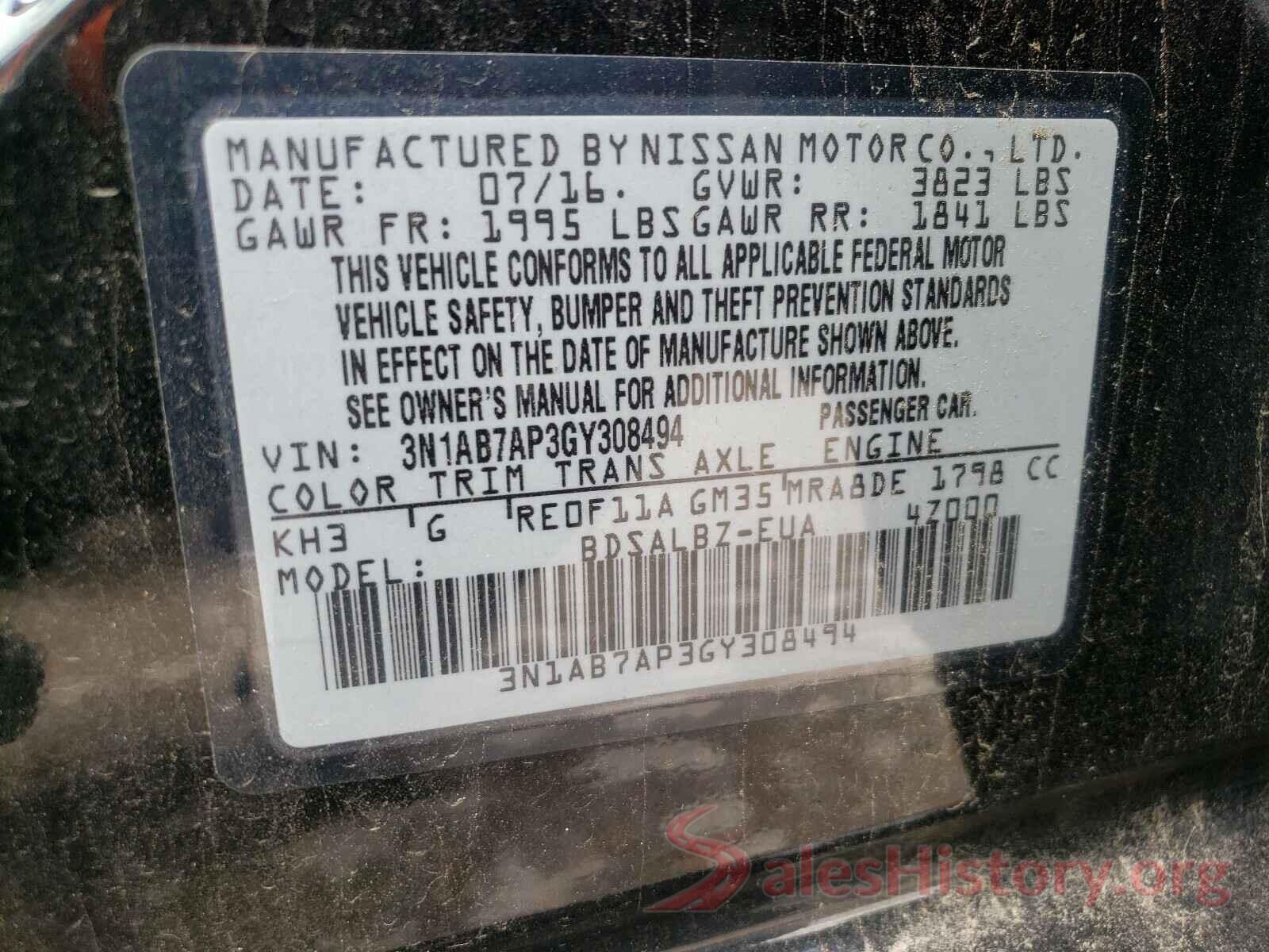 3N1AB7AP3GY308494 2016 NISSAN SENTRA