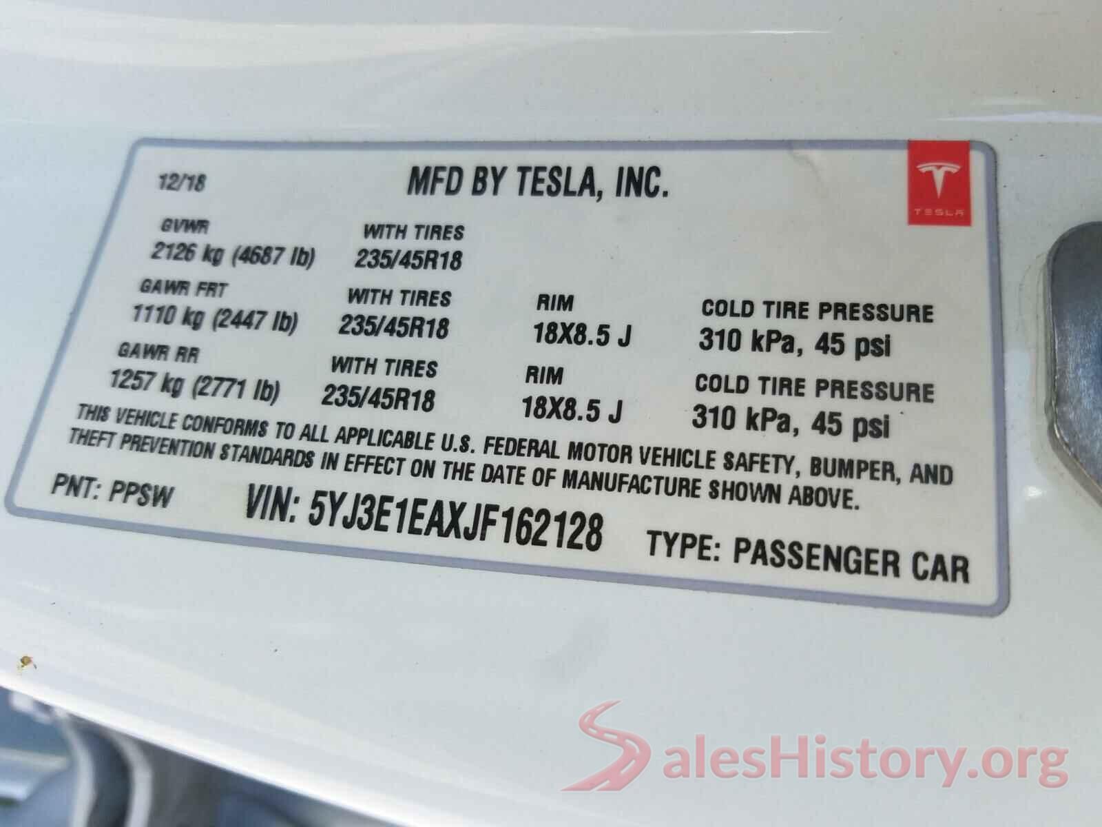 5YJ3E1EAXJF162128 2018 TESLA MODEL 3