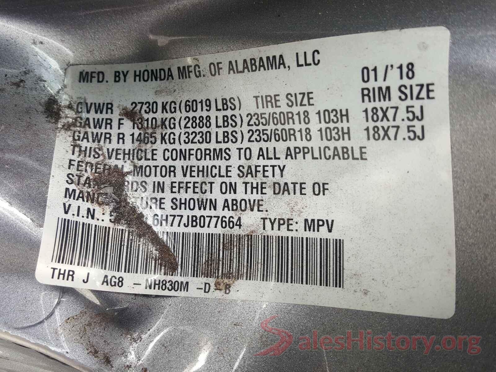 5FNRL6H77JB077664 2018 HONDA ODYSSEY