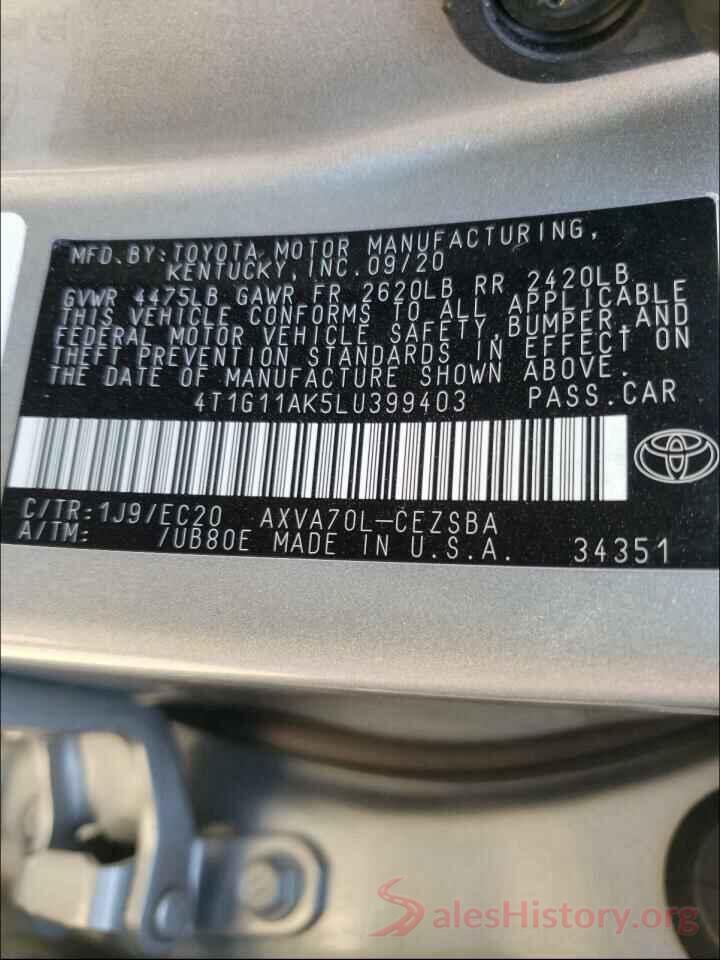 4T1G11AK5LU399403 2020 TOYOTA CAMRY