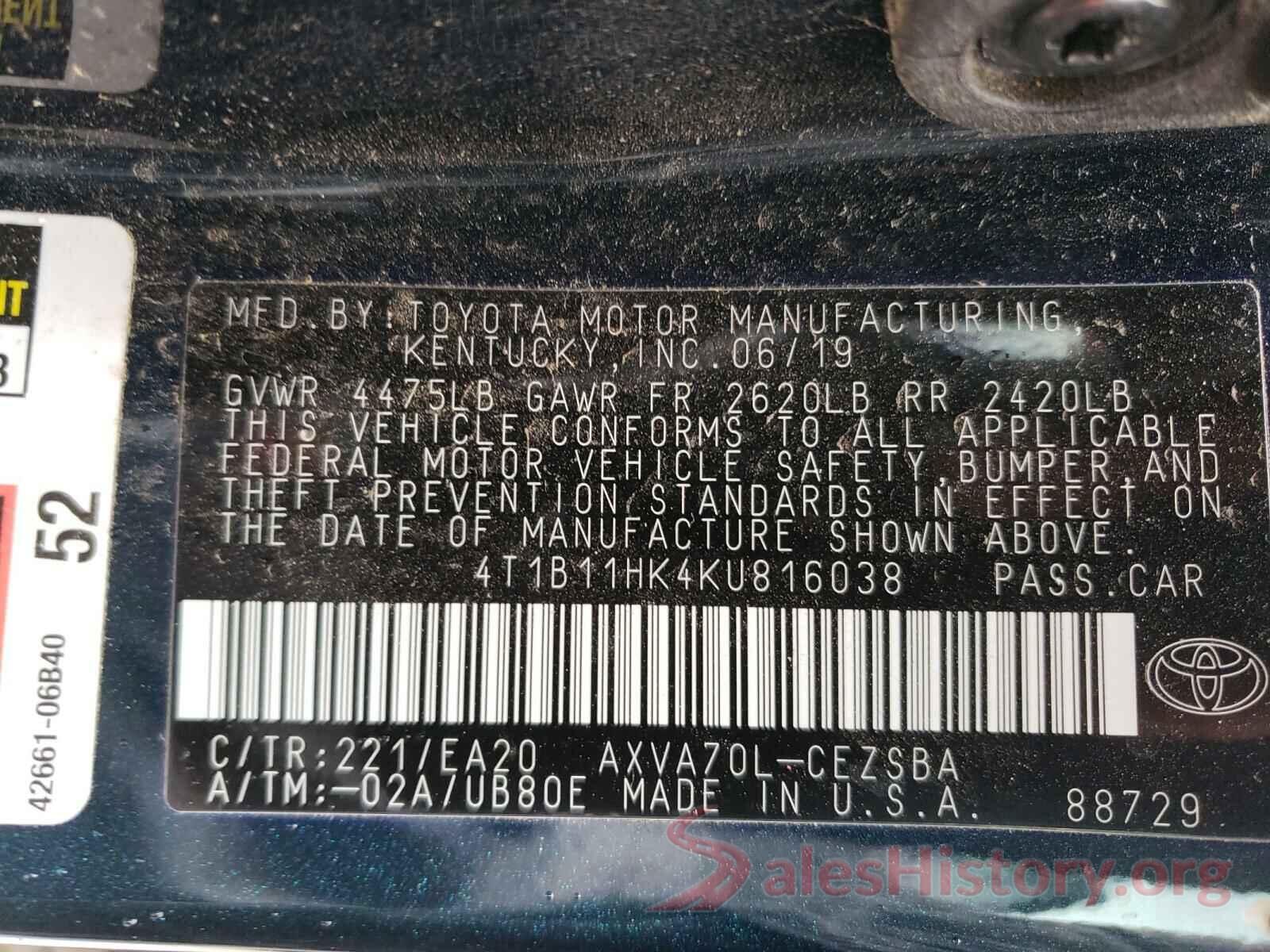 4T1B11HK4KU816038 2019 TOYOTA CAMRY