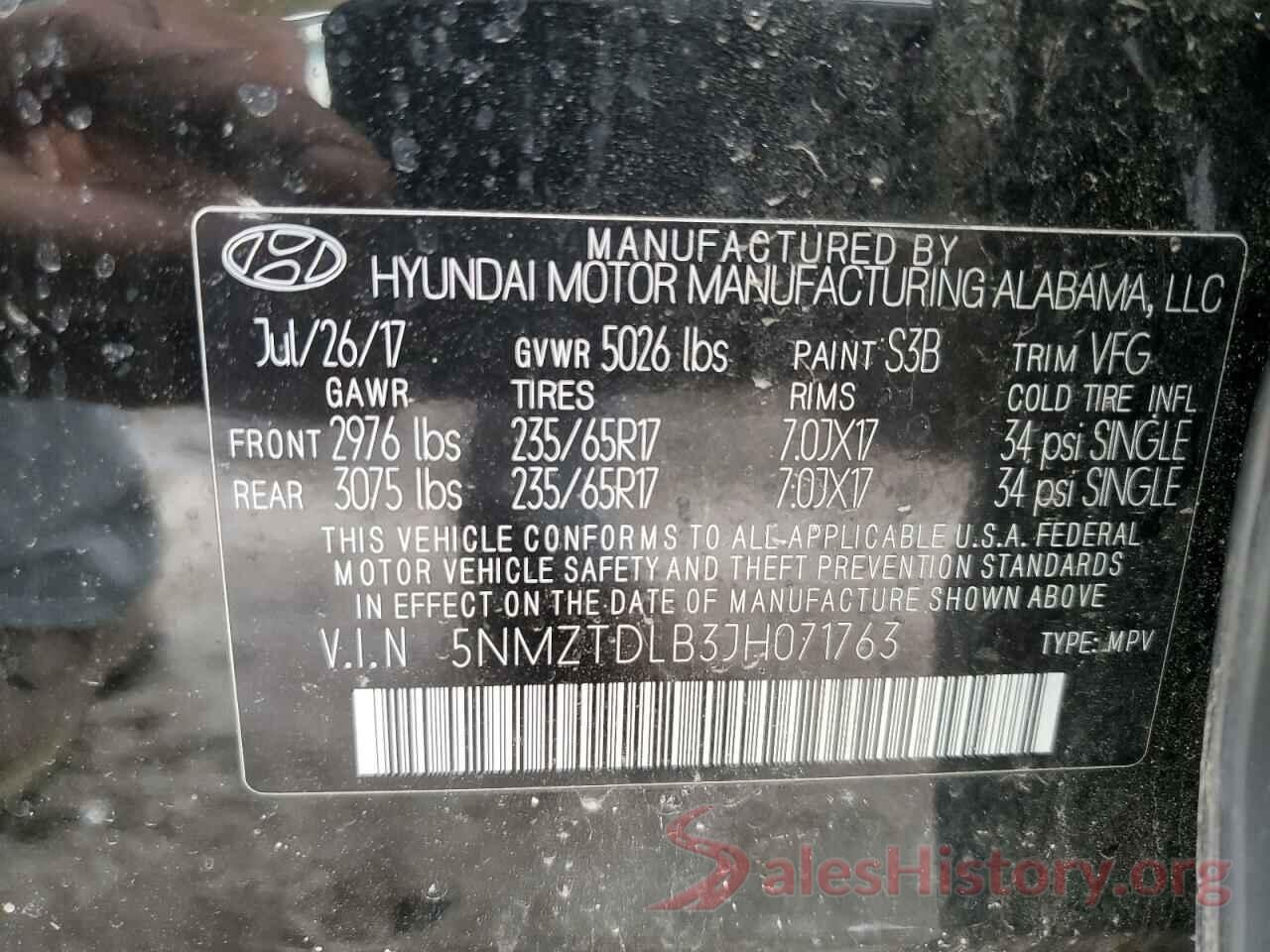 5NMZTDLB3JH071763 2018 HYUNDAI SANTA FE