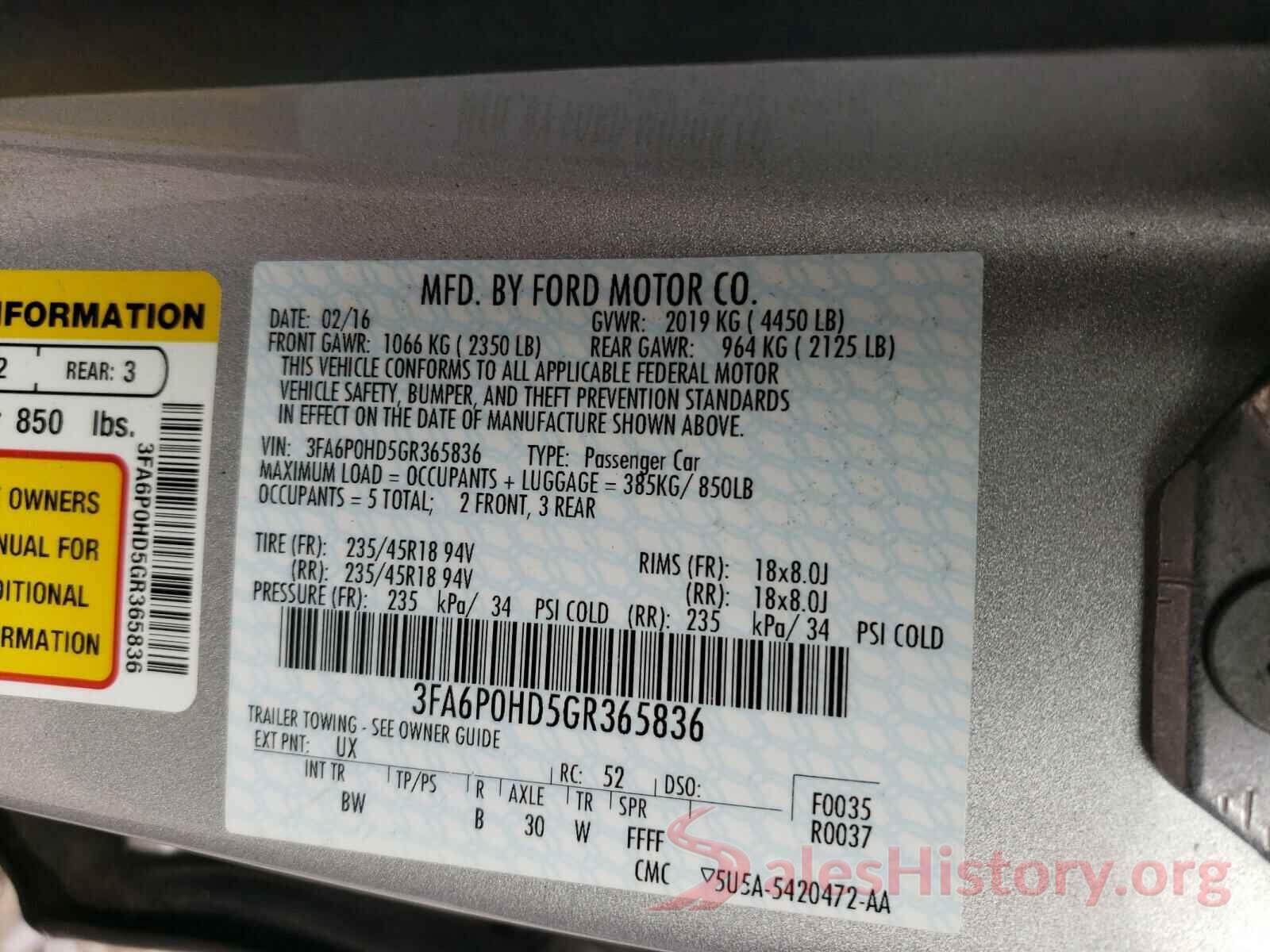 3FA6P0HD5GR365836 2016 FORD FUSION