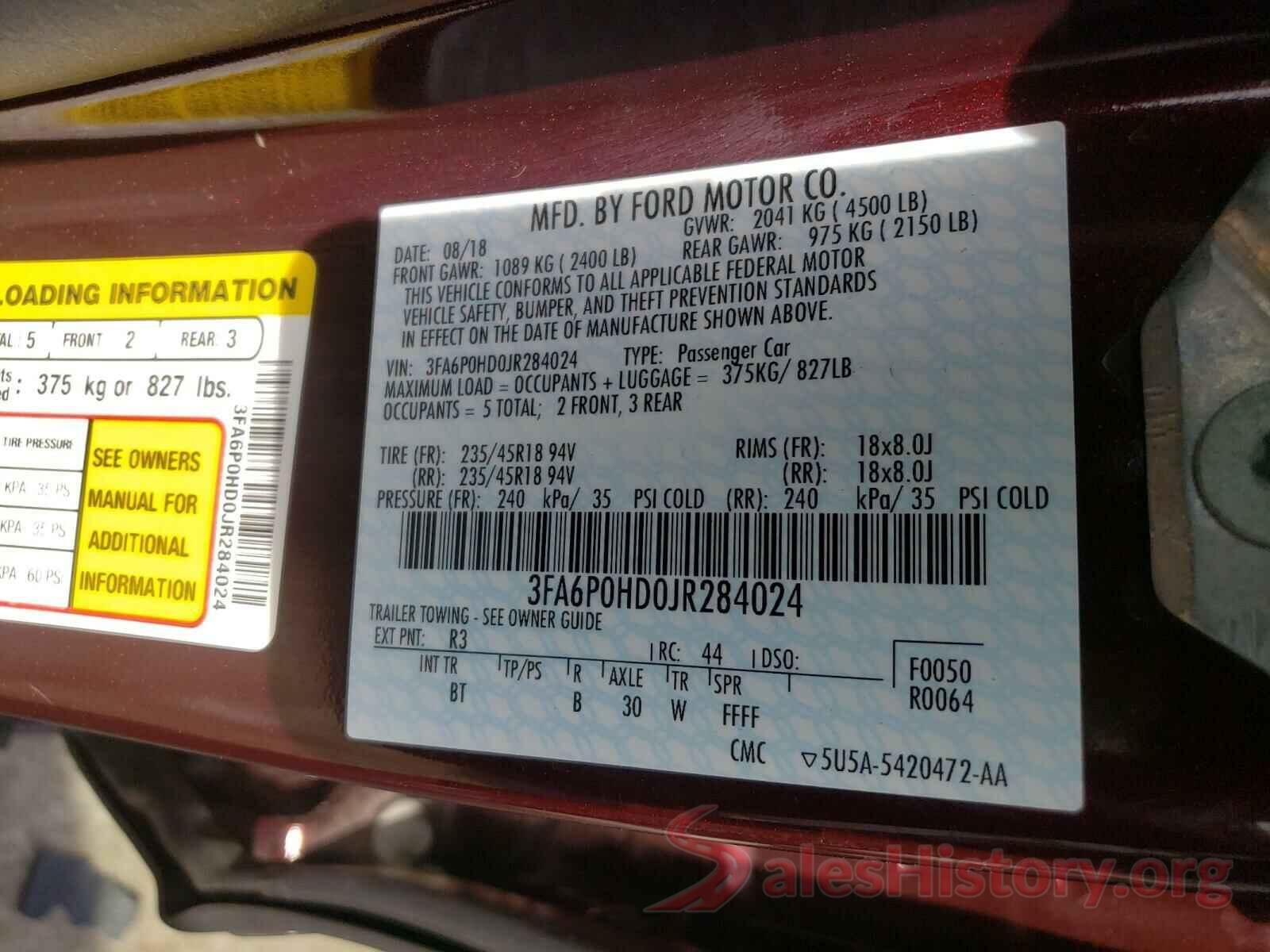 3FA6P0HD0JR284024 2018 FORD FUSION