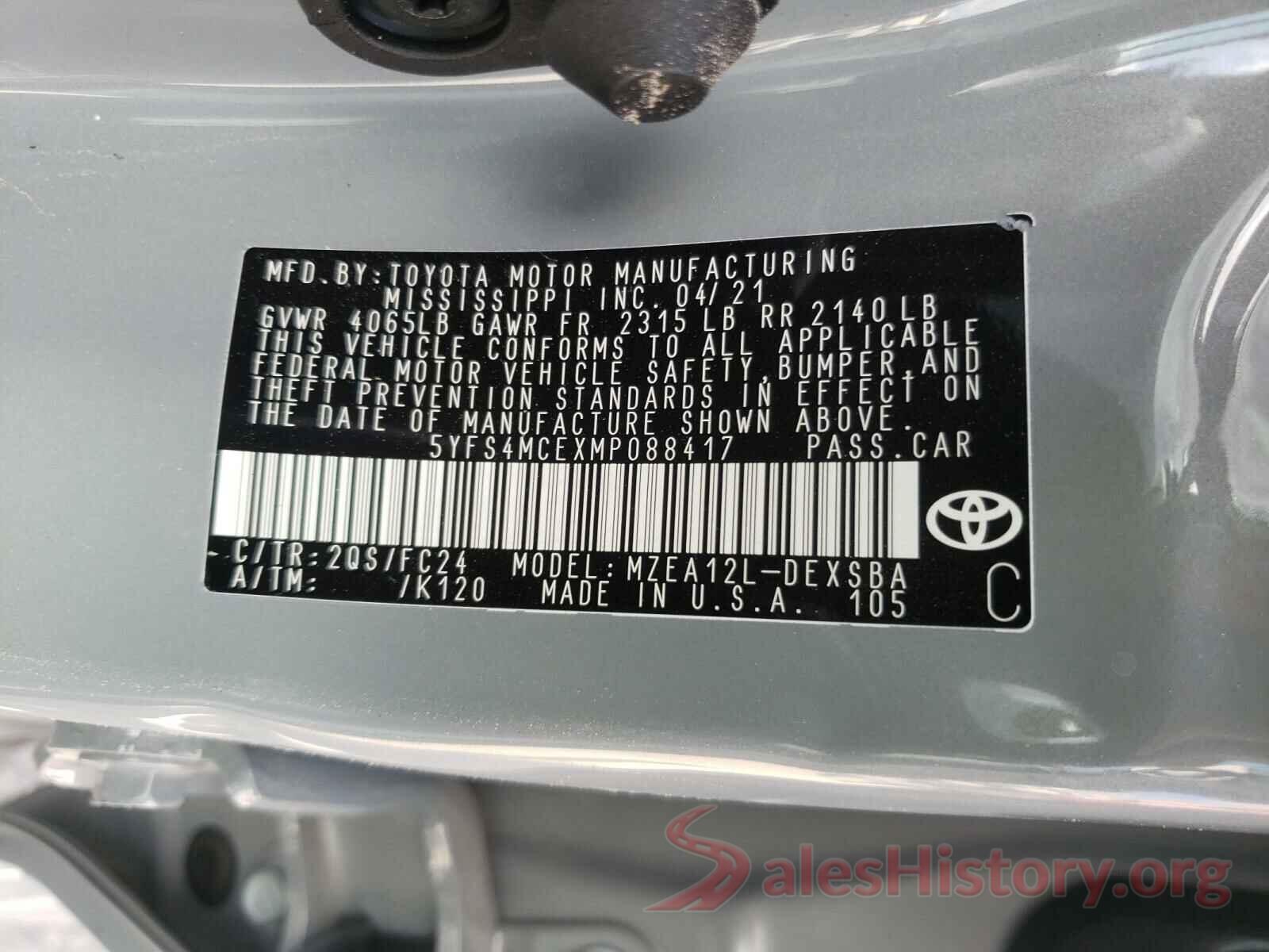 5YFS4MCEXMP088417 2021 TOYOTA COROLLA