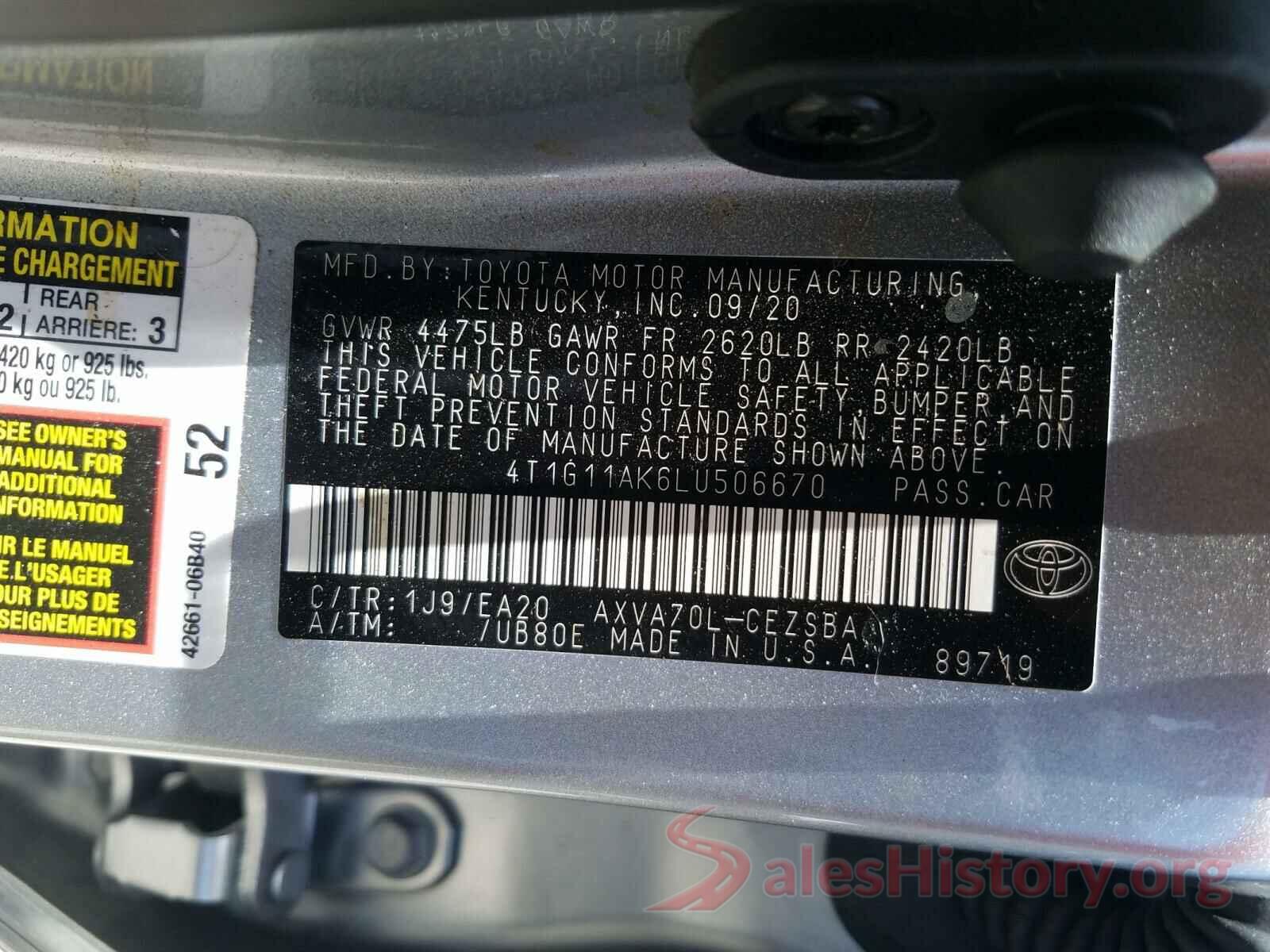 4T1G11AK6LU506670 2020 TOYOTA CAMRY