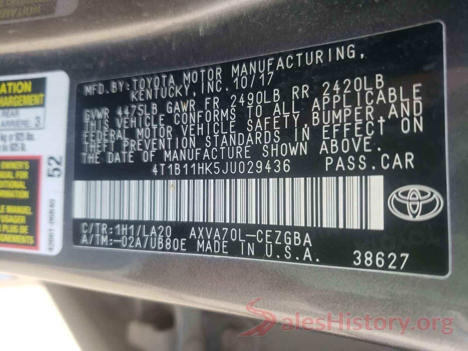 4T1B11HK5JU029436 2018 TOYOTA CAMRY