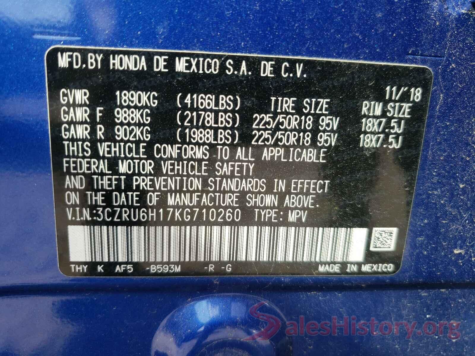 3CZRU6H17KG710260 2019 HONDA HR-V