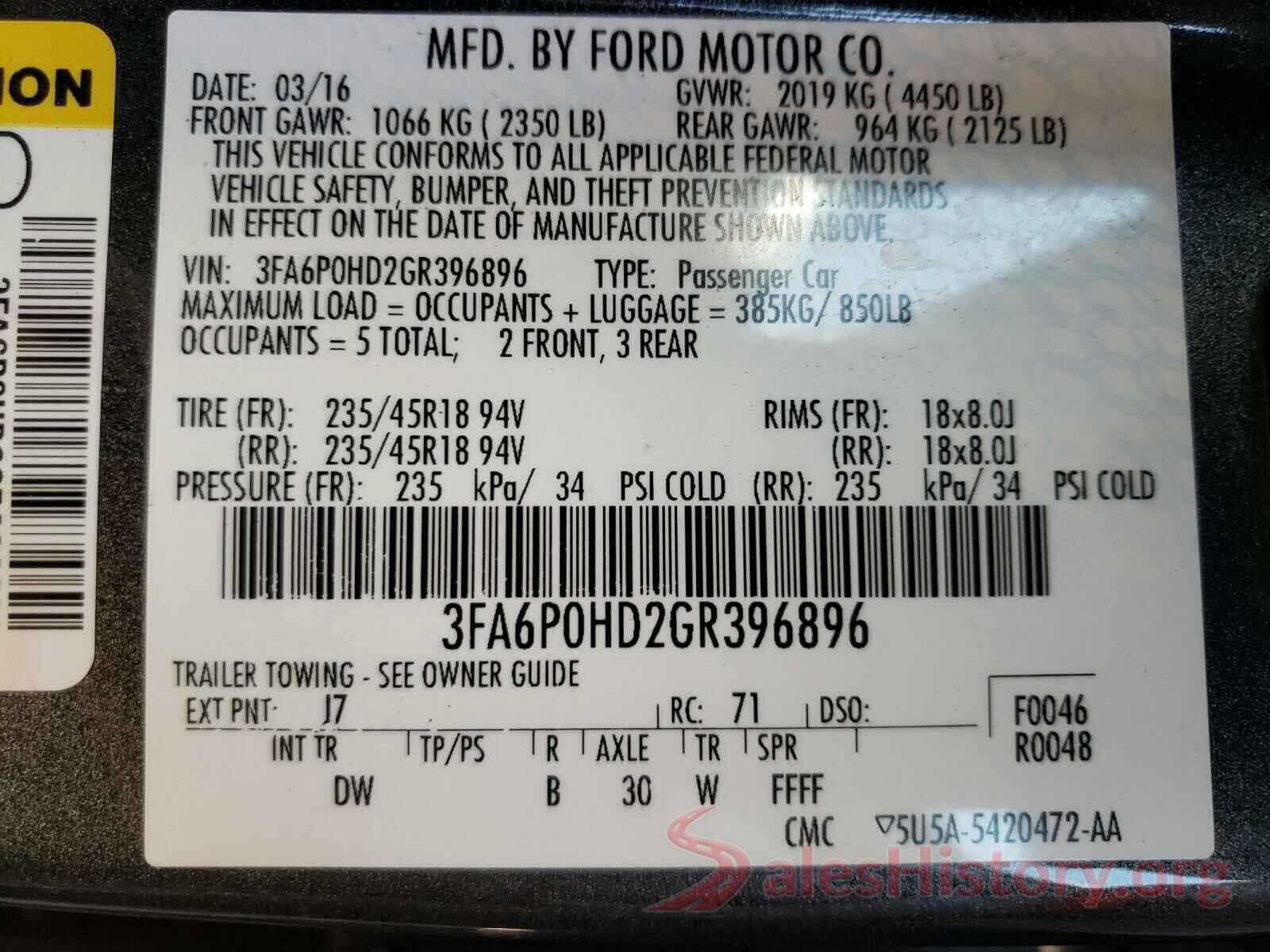 3FA6P0HD2GR396896 2016 FORD FUSION