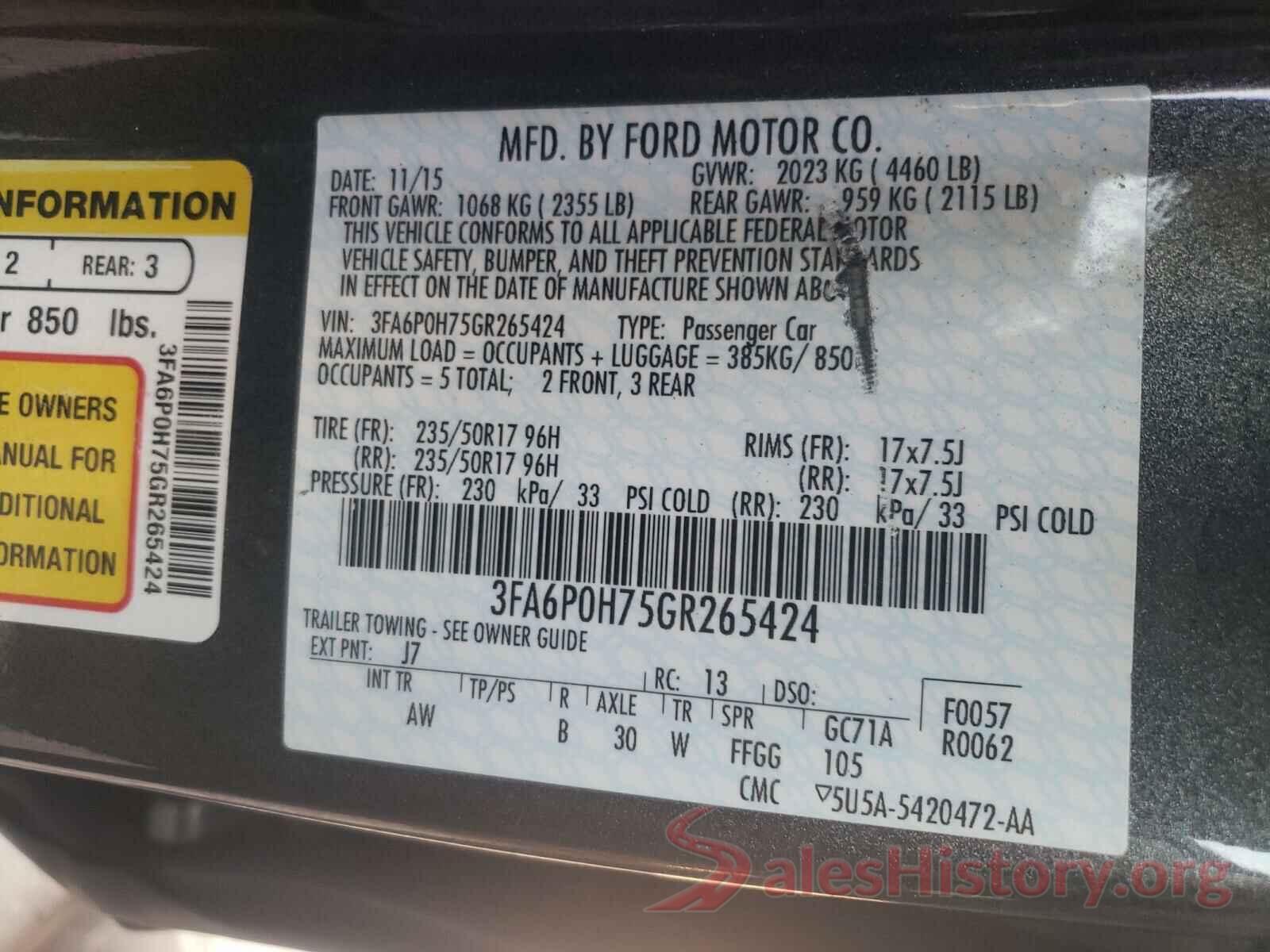 3FA6P0H75GR265424 2016 FORD FUSION