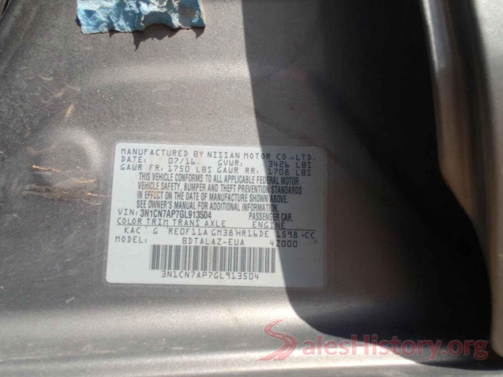 3N1CN7AP7GL913504 2016 NISSAN VERSA