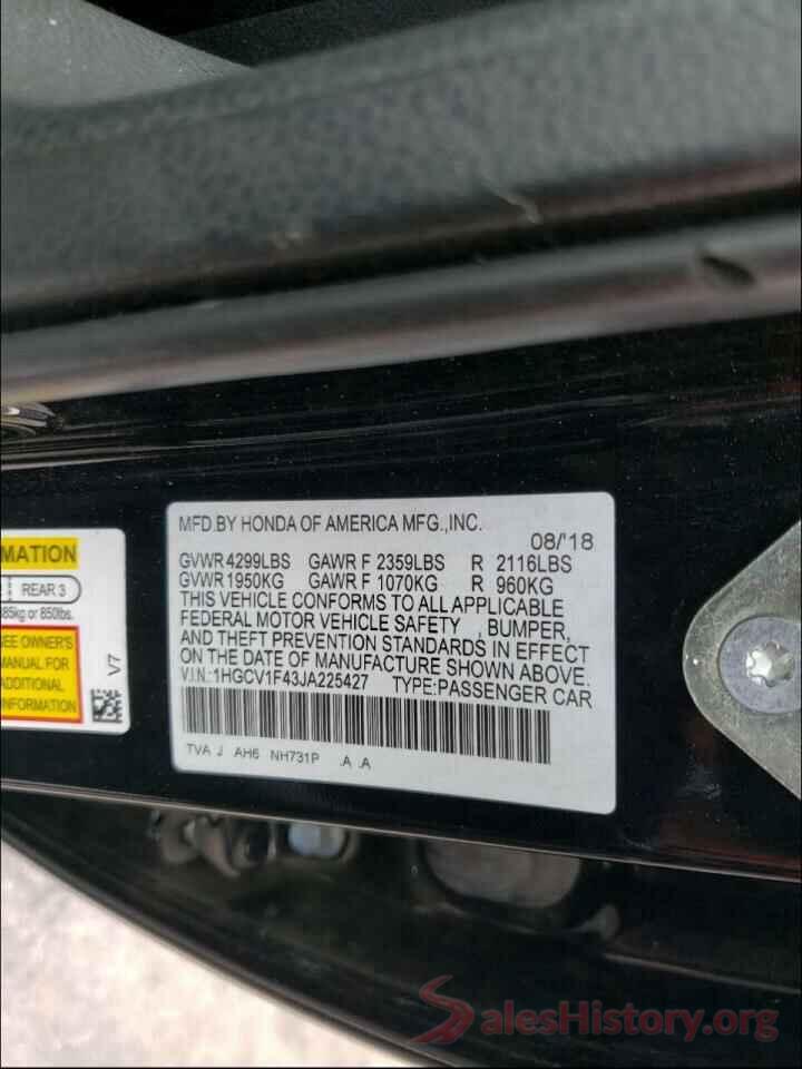 1HGCV1F43JA225427 2018 HONDA ACCORD