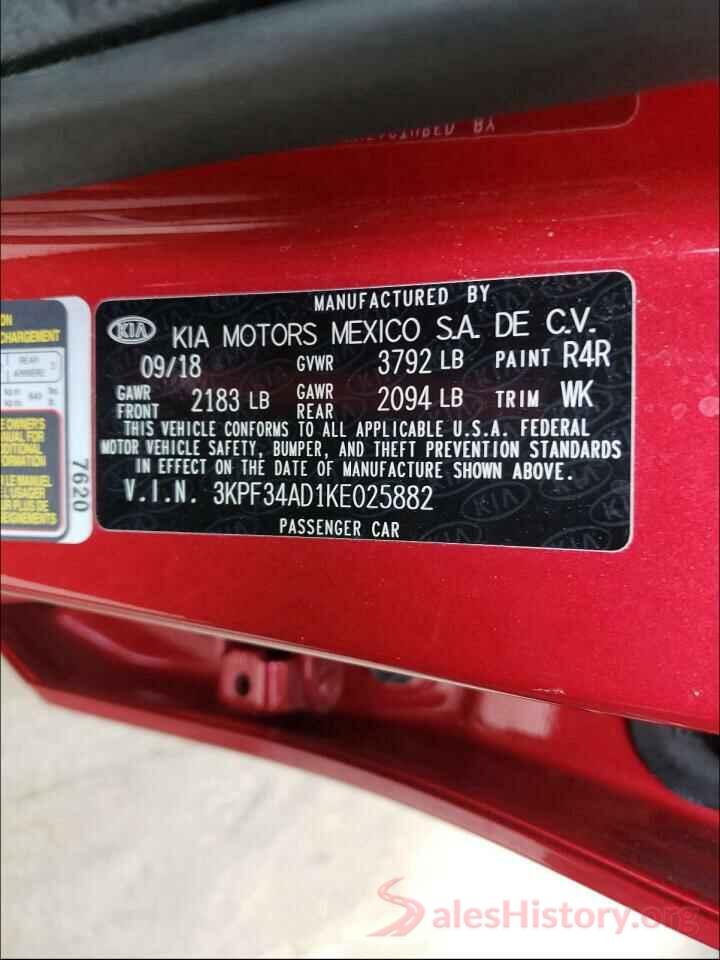 3KPF34AD1KE025882 2019 KIA FORTE