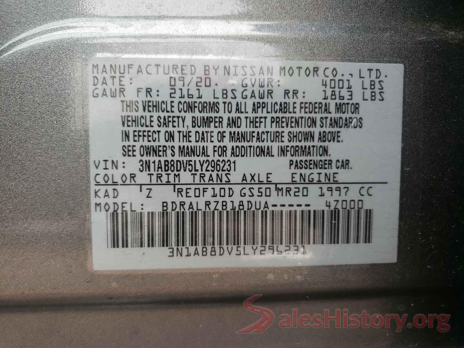 3N1AB8DV5LY296231 2020 NISSAN SENTRA