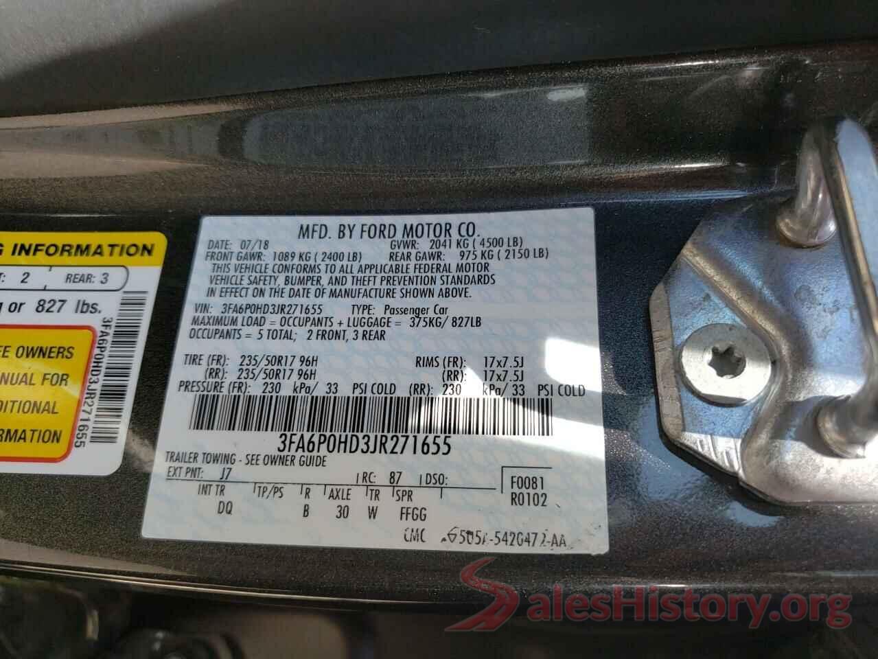 3FA6P0HD3JR271655 2018 FORD FUSION