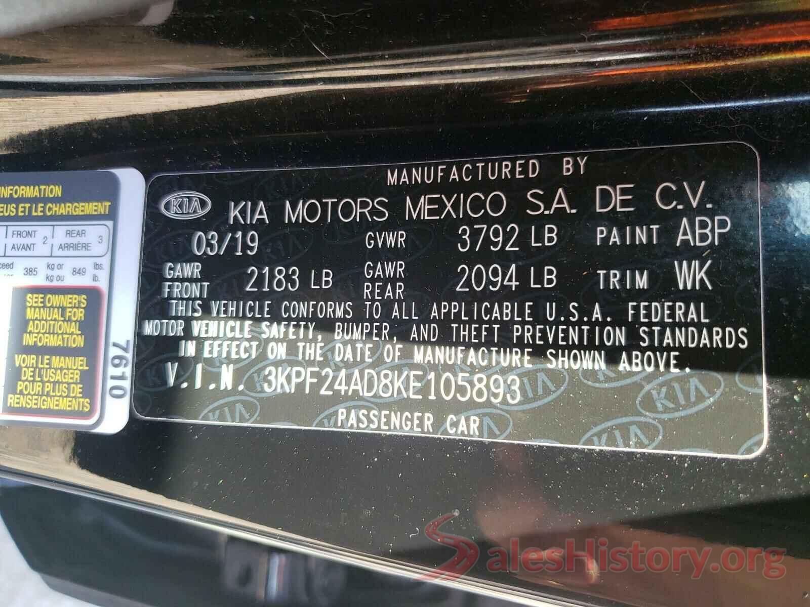 3KPF24AD8KE105893 2019 KIA FORTE