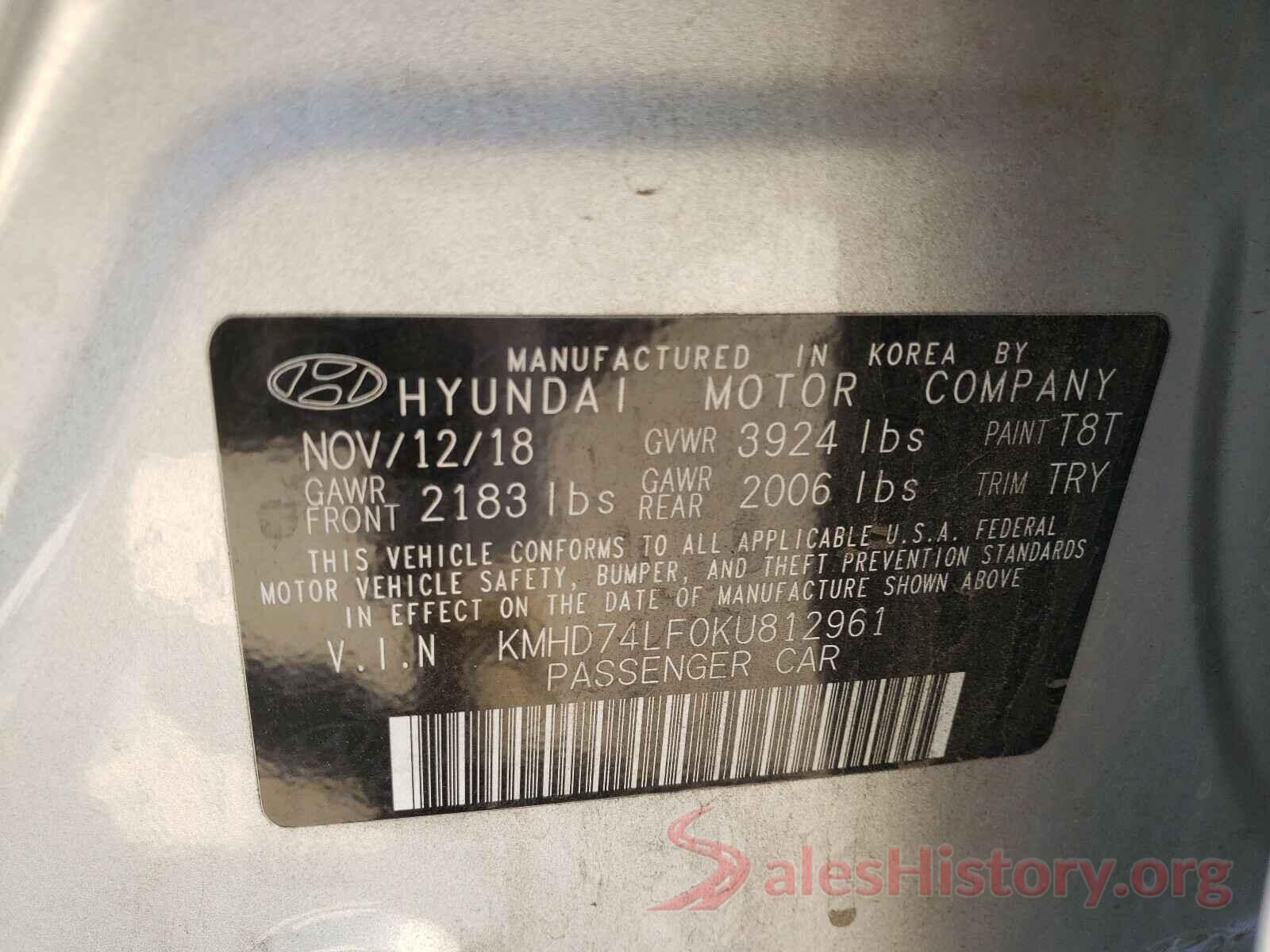 KMHD74LF0KU812961 2019 HYUNDAI ELANTRA