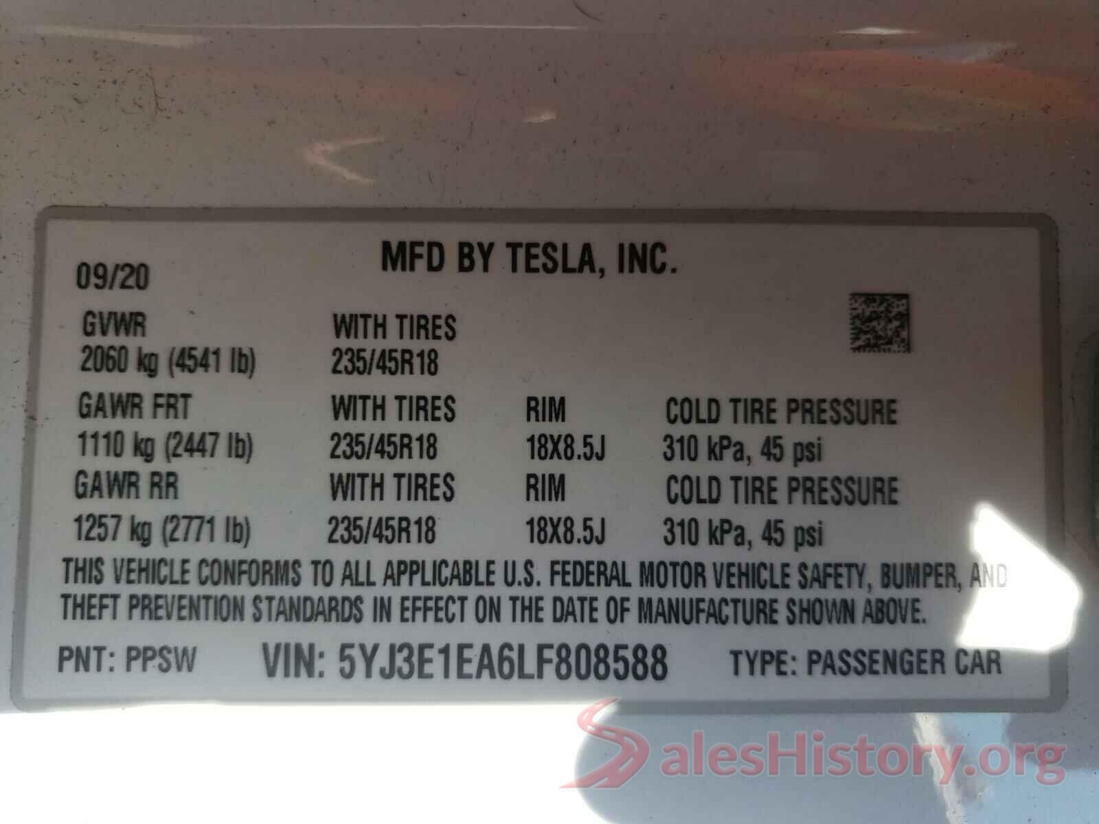 5YJ3E1EA6LF808588 2020 TESLA MODEL 3