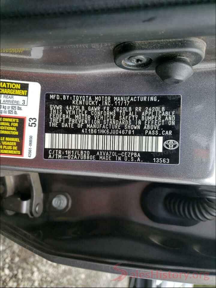 4T1B61HK6JU046781 2018 TOYOTA CAMRY