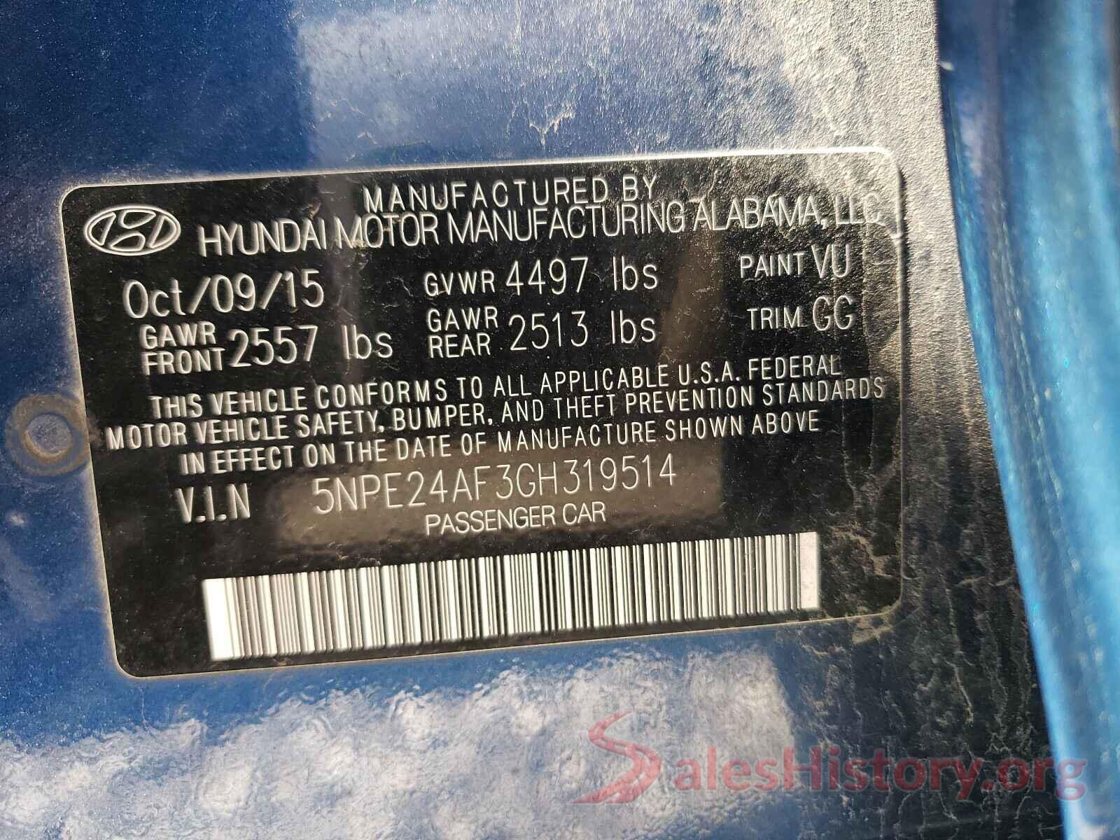 5NPE24AF3GH319514 2016 HYUNDAI SONATA