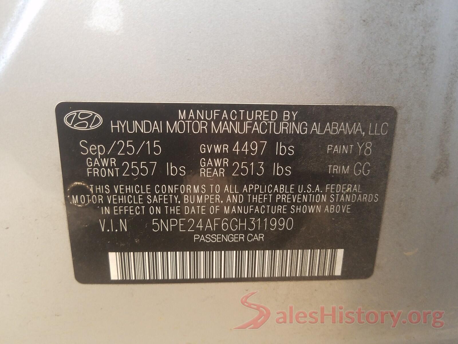 5NPE24AF6GH311990 2016 HYUNDAI SONATA