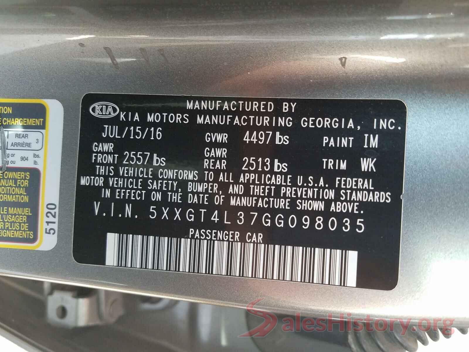 5XXGT4L37GG098035 2016 KIA OPTIMA