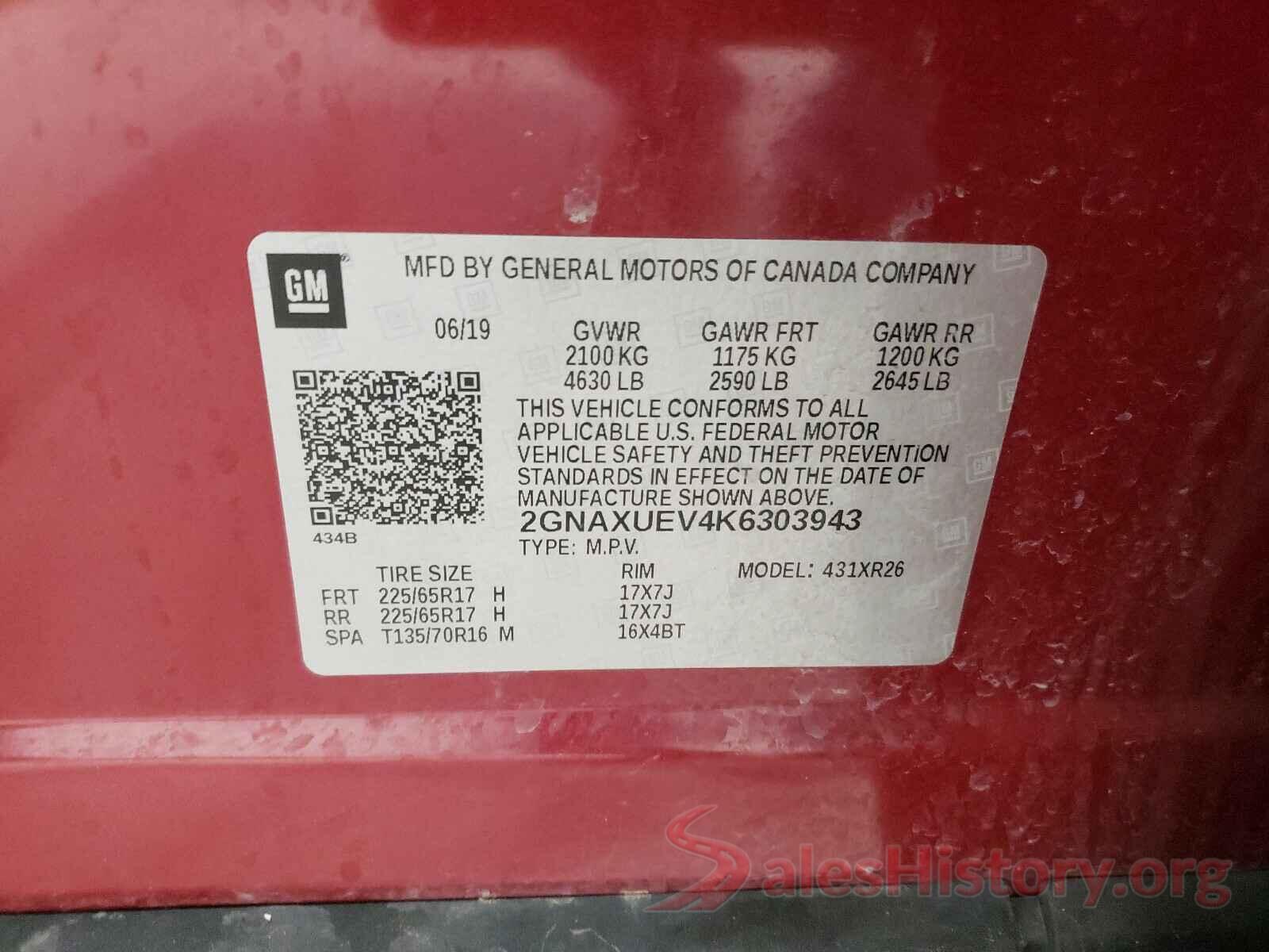 2GNAXUEV4K6303943 2019 CHEVROLET EQUINOX