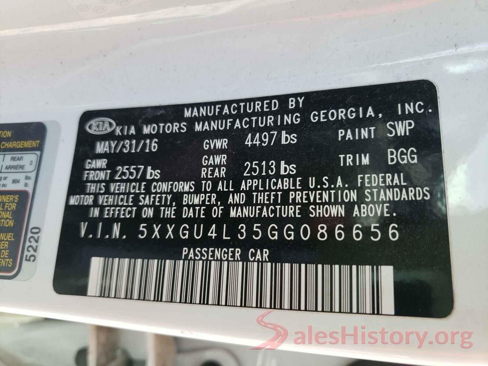 5XXGU4L35GG086656 2016 KIA OPTIMA