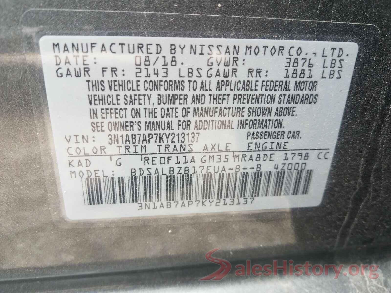 3N1AB7AP7KY213137 2019 NISSAN SENTRA