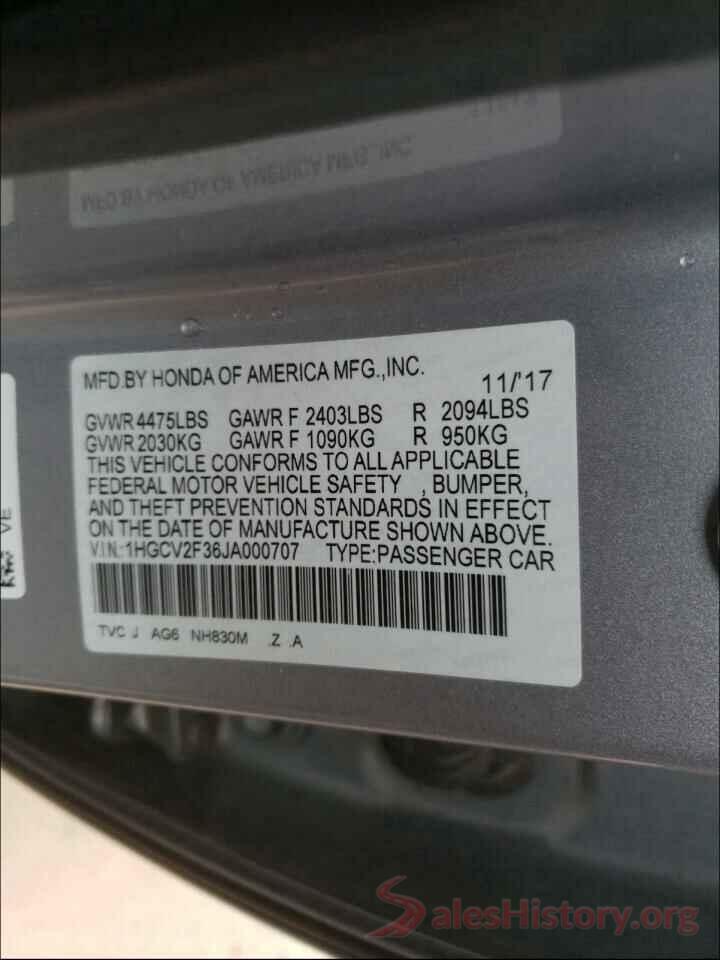 1HGCV2F36JA000707 2018 HONDA ACCORD