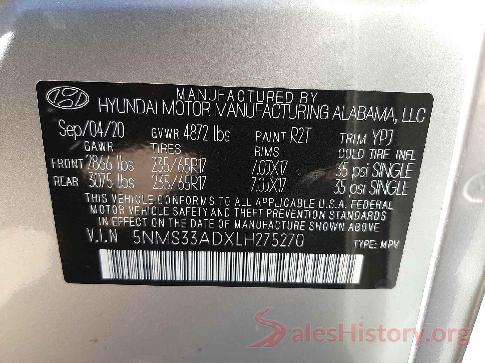 5NMS33ADXLH275270 2020 HYUNDAI SANTA FE