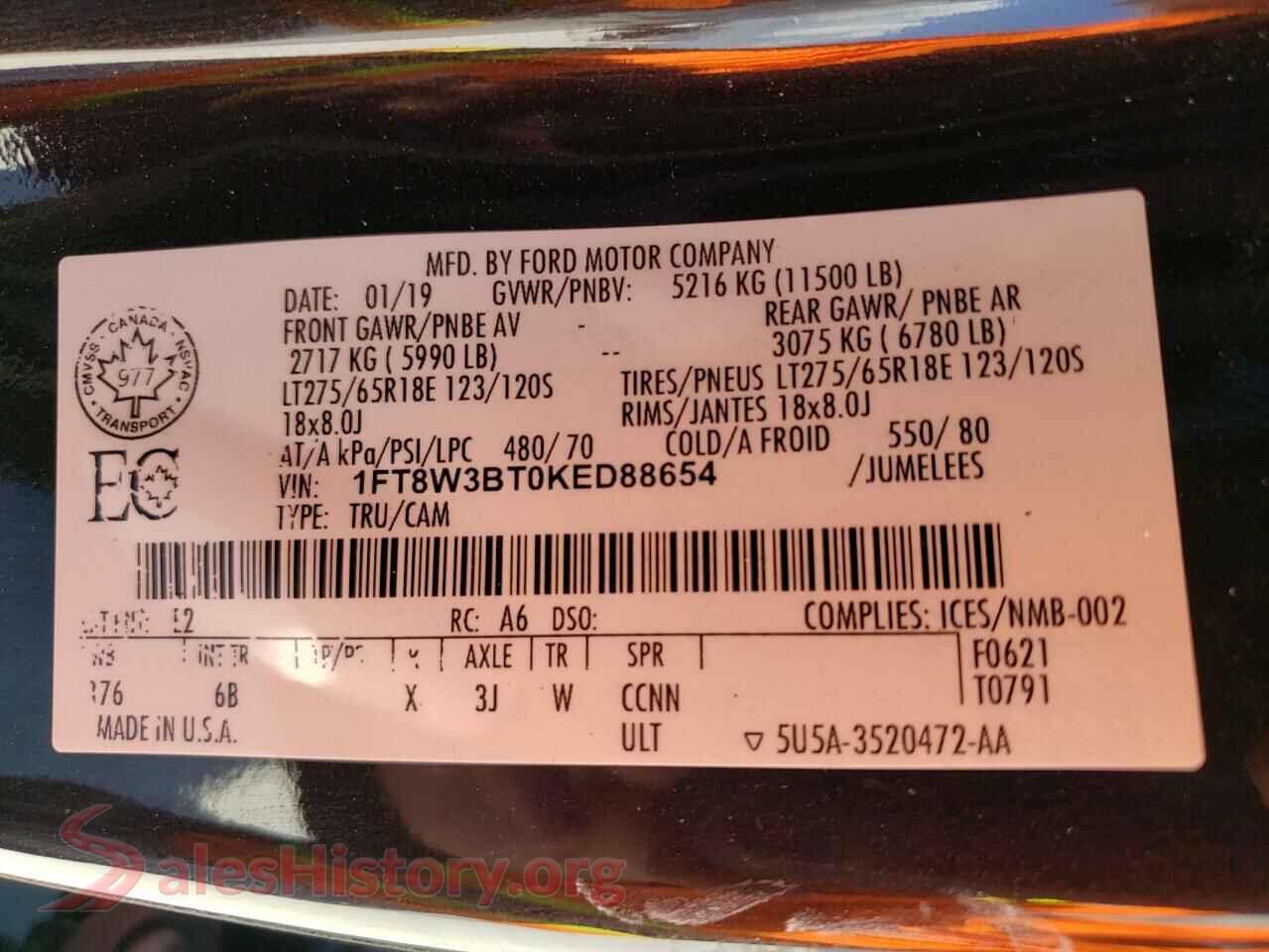 2019 FORD F350 VIN 1FT8W3BT0KED88654, wheel and tire