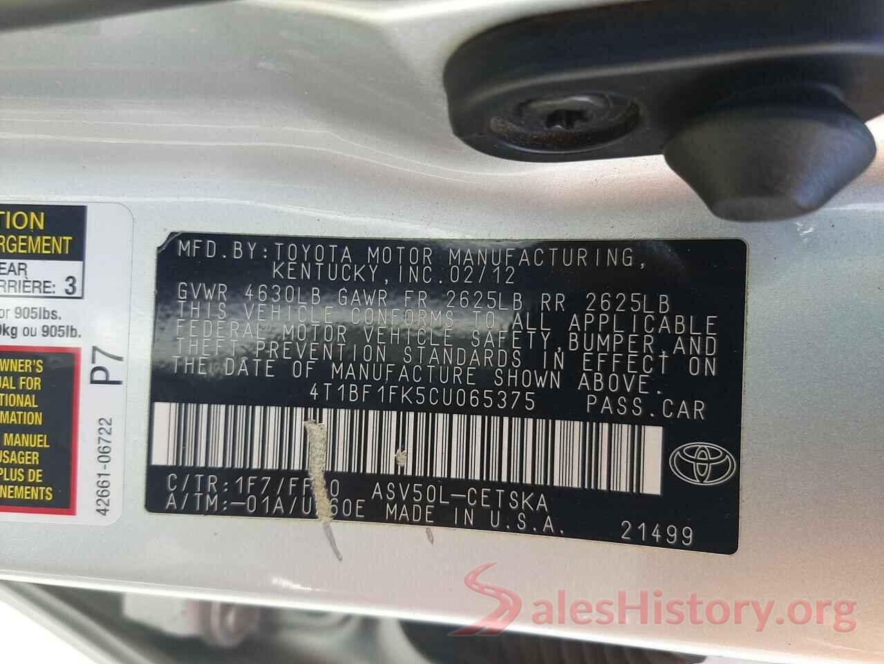 4T1BF1FK5CU065375 2012 TOYOTA CAMRY