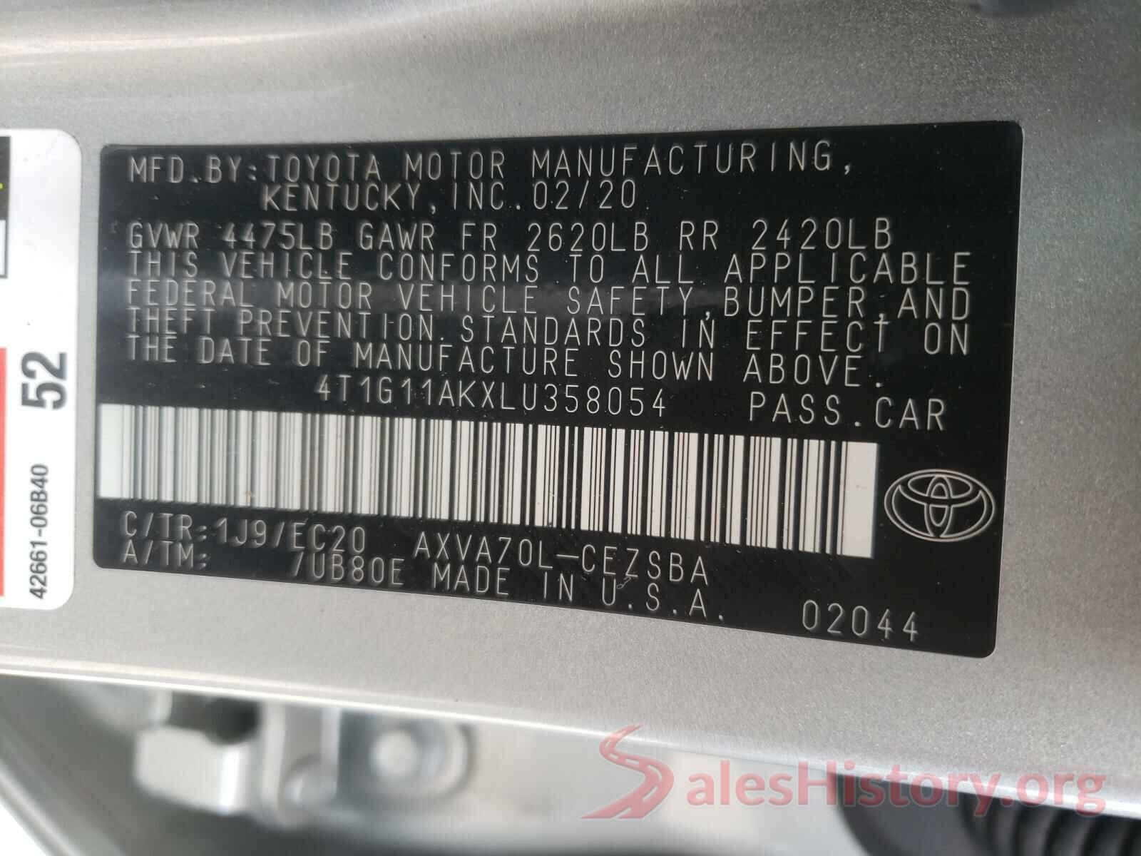 4T1G11AKXLU358054 2020 TOYOTA CAMRY