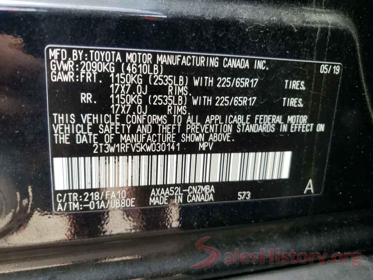 2T3W1RFV5KW030141 2019 TOYOTA RAV4