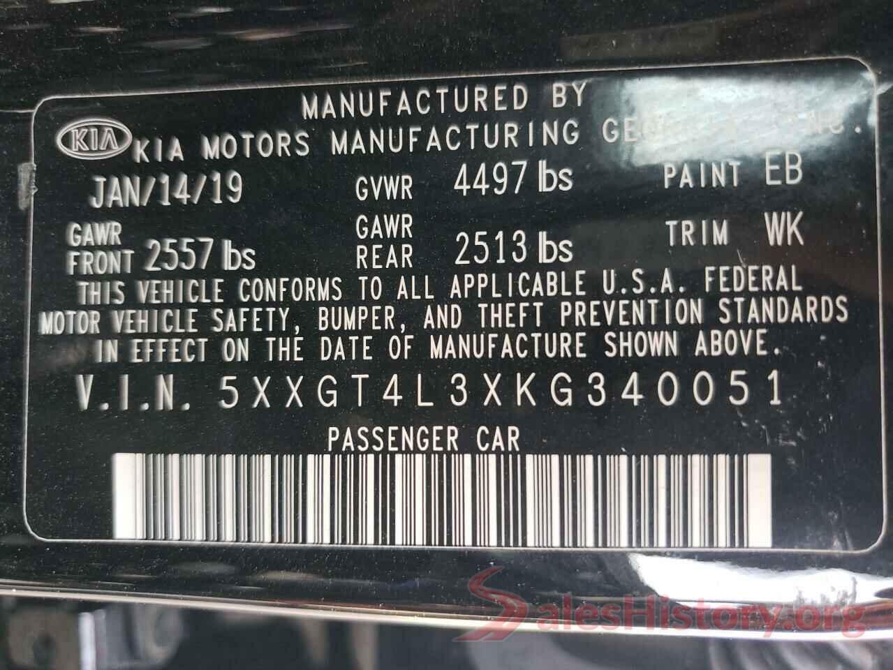 5XXGT4L3XKG340051 2019 KIA OPTIMA