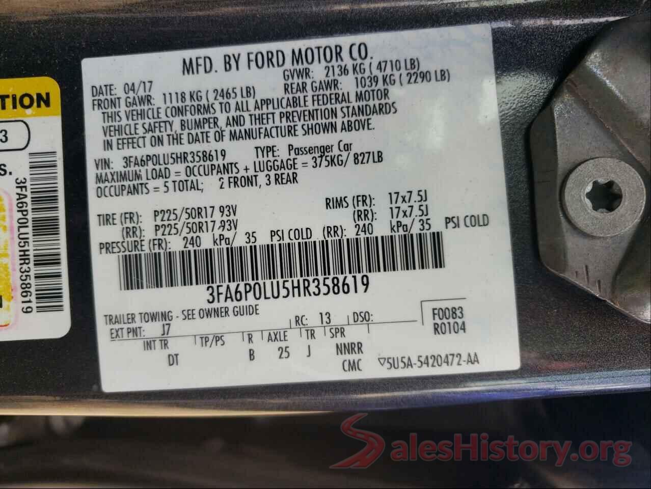 3FA6P0LU5HR358619 2017 FORD FUSION